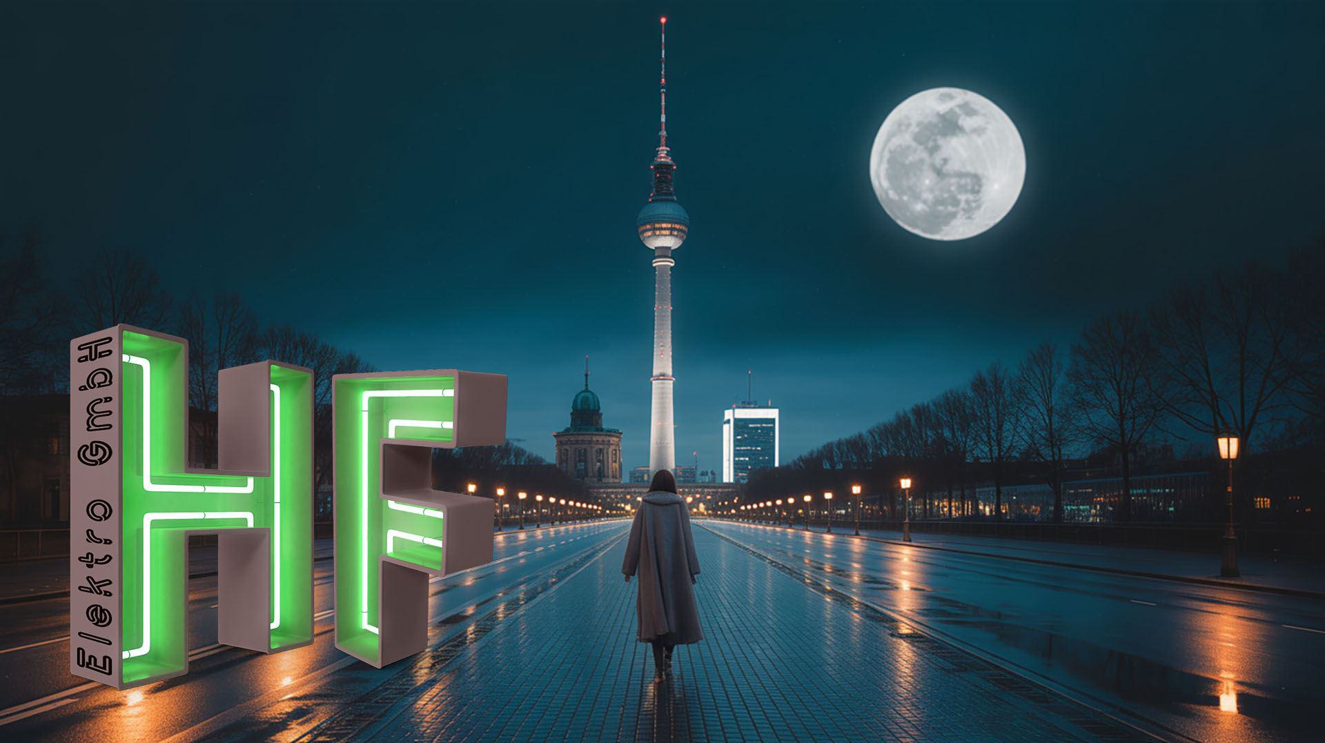 Berlin Bei Nacht mit Logo HF Elektro